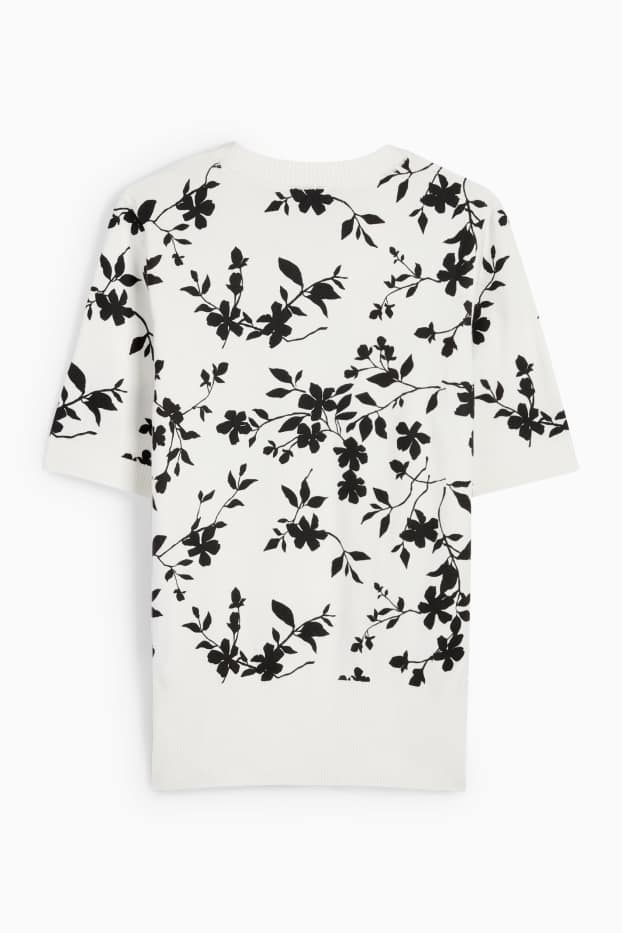 Femmes - Pull en maille - manches courtes - à fleurs - blanc / noir