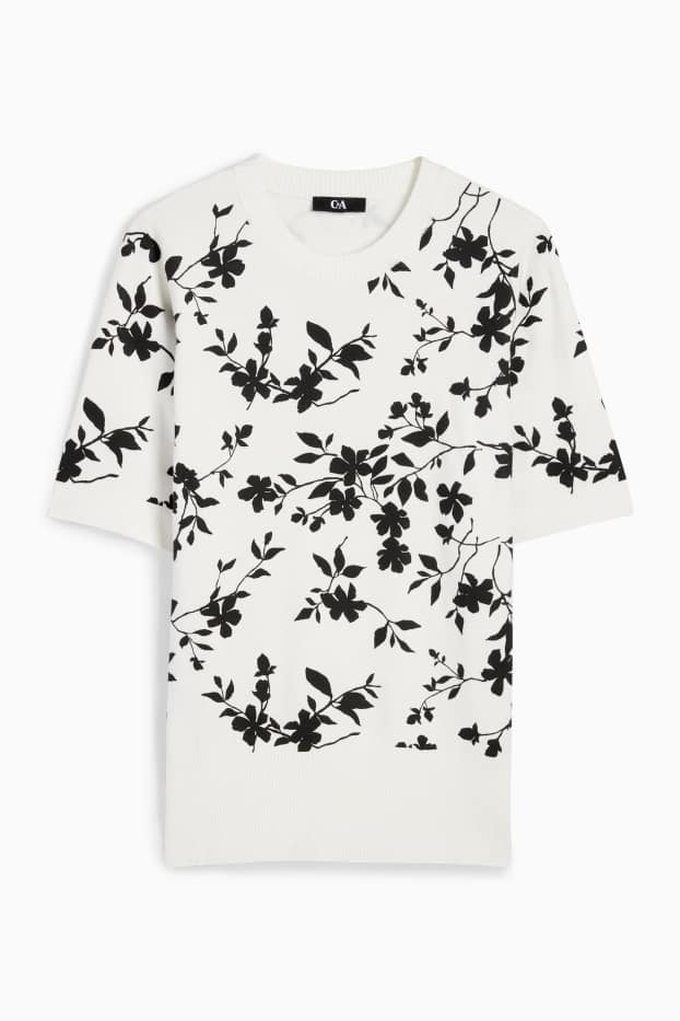 Femmes - Pull en maille - manches courtes - à fleurs - blanc / noir