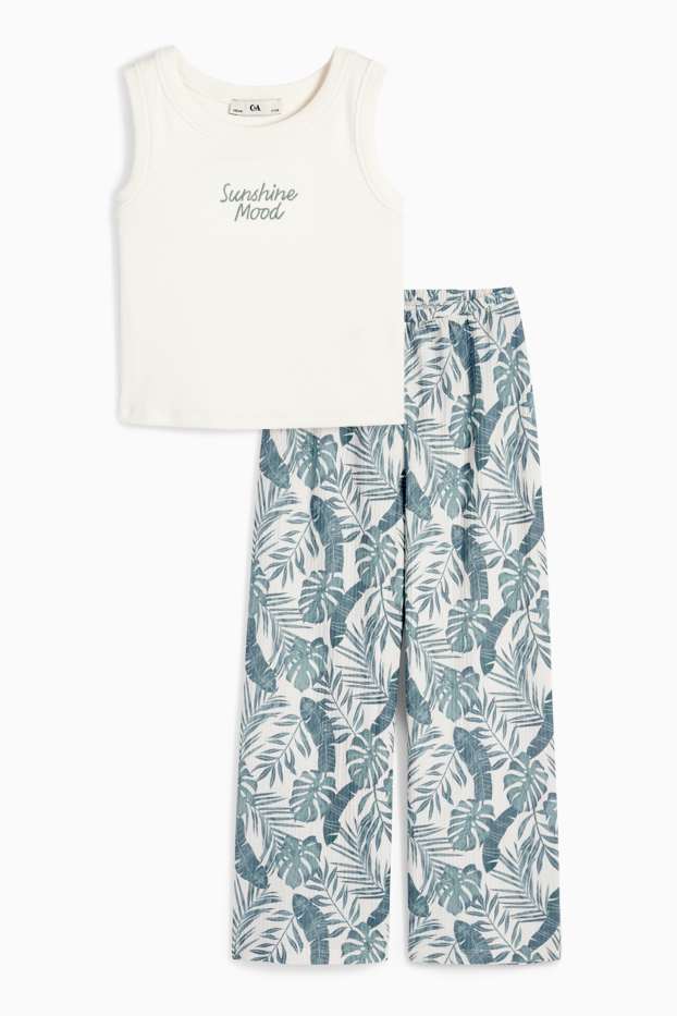 Kinder Mädchen - Blatt - Set - Top und Jersey-Hose - 2 teilig - dunkelgrün / cremeweiß