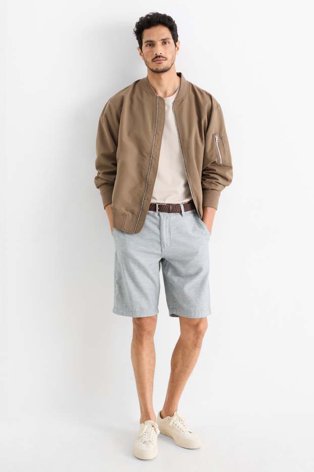 Heren - Korte broek met riem en linnengehalte - grijs-mix
