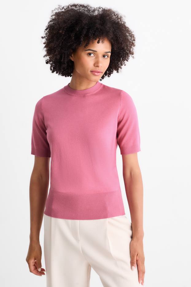 Damen - Strickpullover - kurzarm - dunkelrosa