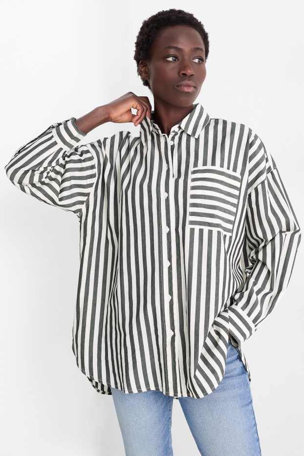 Damen - Bluse - gestreift - weiß / schwarz