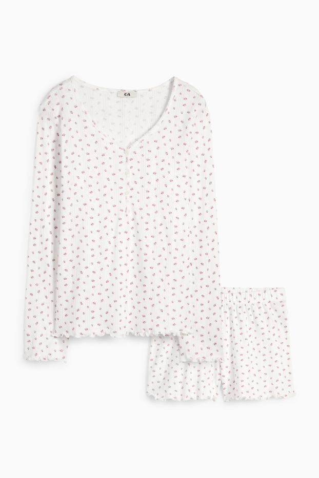Damen - Pyjama - geblümt - weiß
