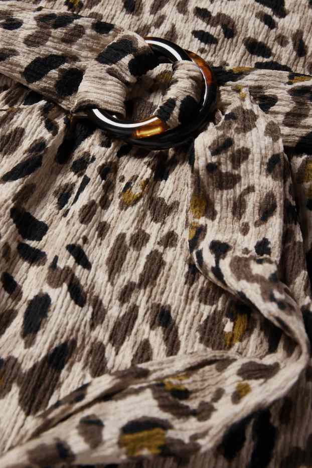 Dames - Fit & flare-jurk met ceintuur - luipaardvelprint - beige