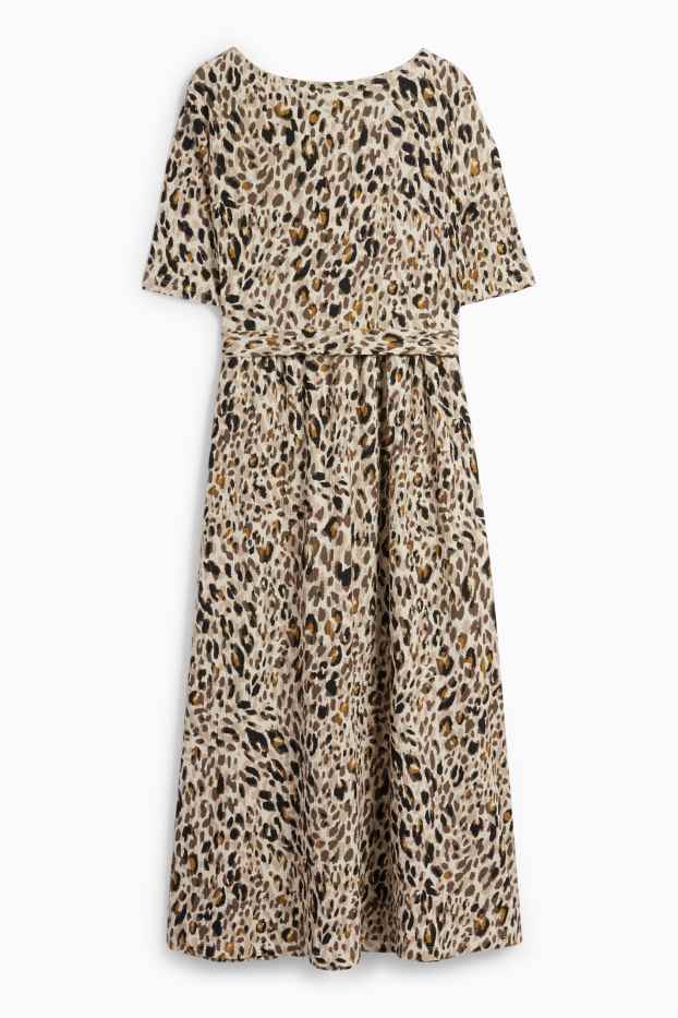 Dames - Fit & flare-jurk met ceintuur - luipaardvelprint - beige