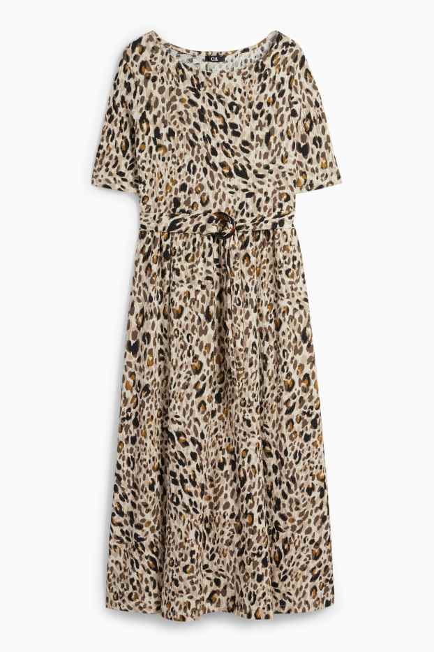 Dames - Fit & flare-jurk met ceintuur - luipaardvelprint - beige