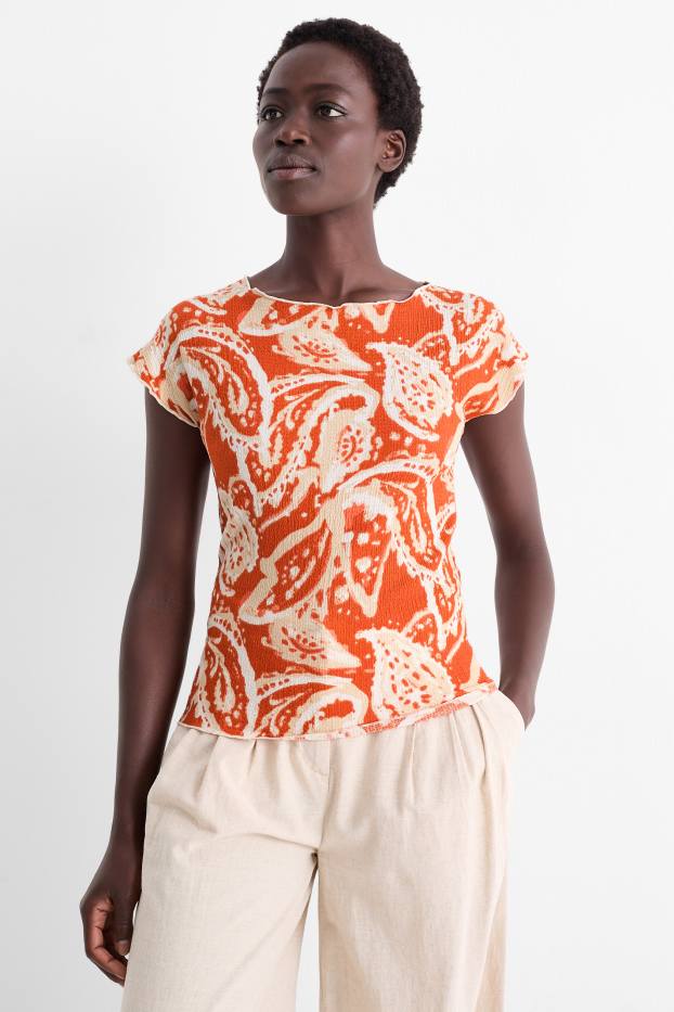 Femmes - T-shirt - regular fit - à motif - texturé - orange