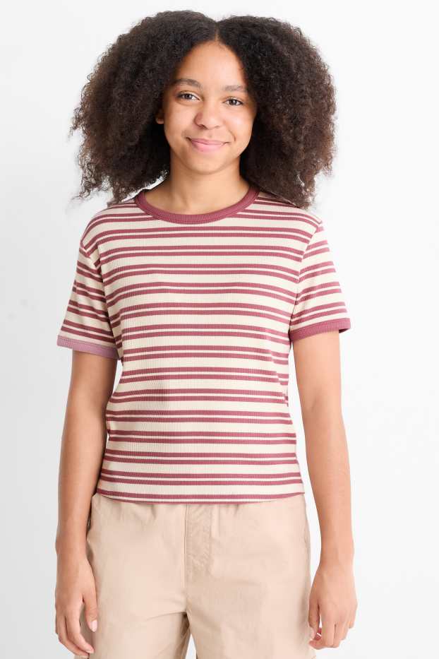 Kinderen: meisjes - T-shirt - ribstof - gestreept - donker rose