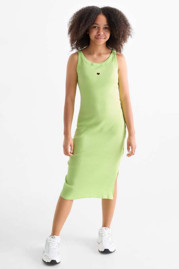 Kinder Mädchen - Herz - Kleid mit Strasssteinen - gerippt - hellgrün