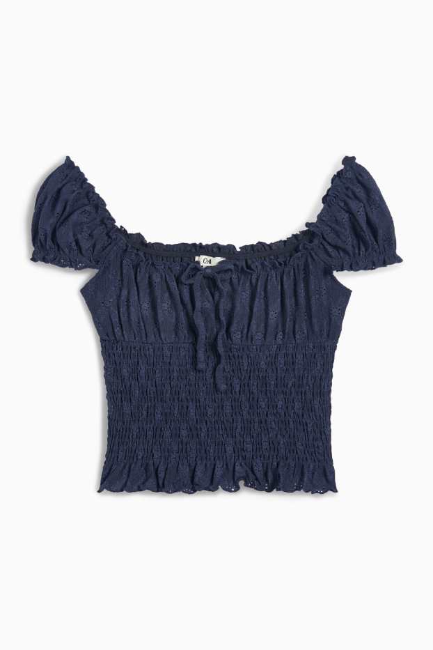 Damen - Crop Top - Broderie Anglaise - gesmokt - dunkelblau