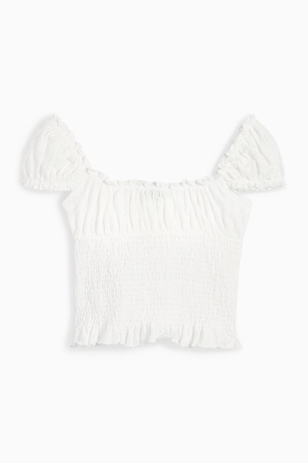 Damen - Crop Top - Broderie Anglaise - gesmokt - weiß