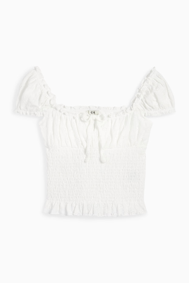 Damen - Crop Top - Broderie Anglaise - gesmokt - weiß