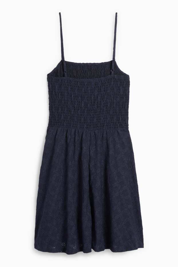 Mujer - Vestido fit & flare - bordado inglés - fruncido - azul oscuro