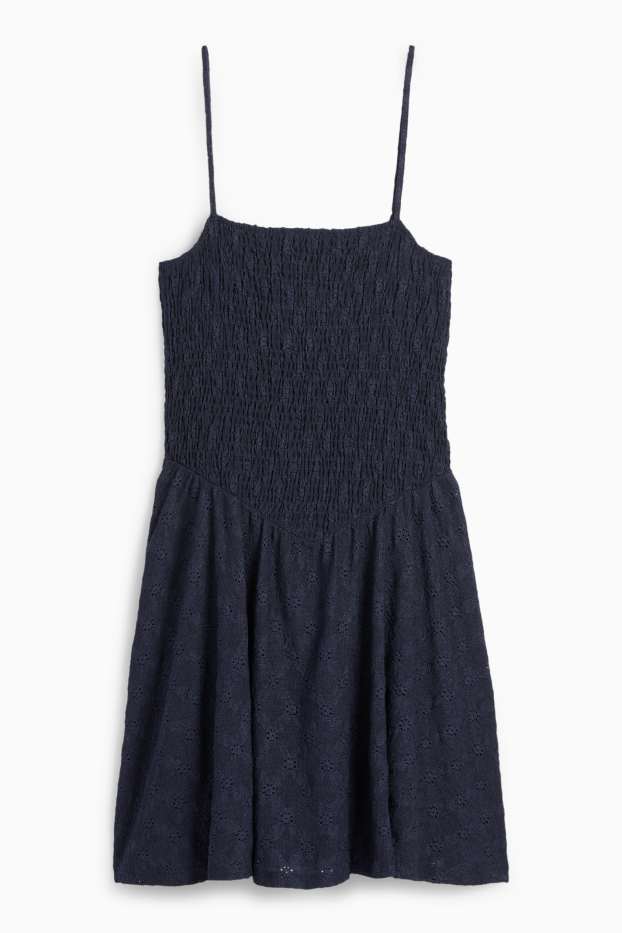 Mujer - Vestido fit & flare - bordado inglés - fruncido - azul oscuro