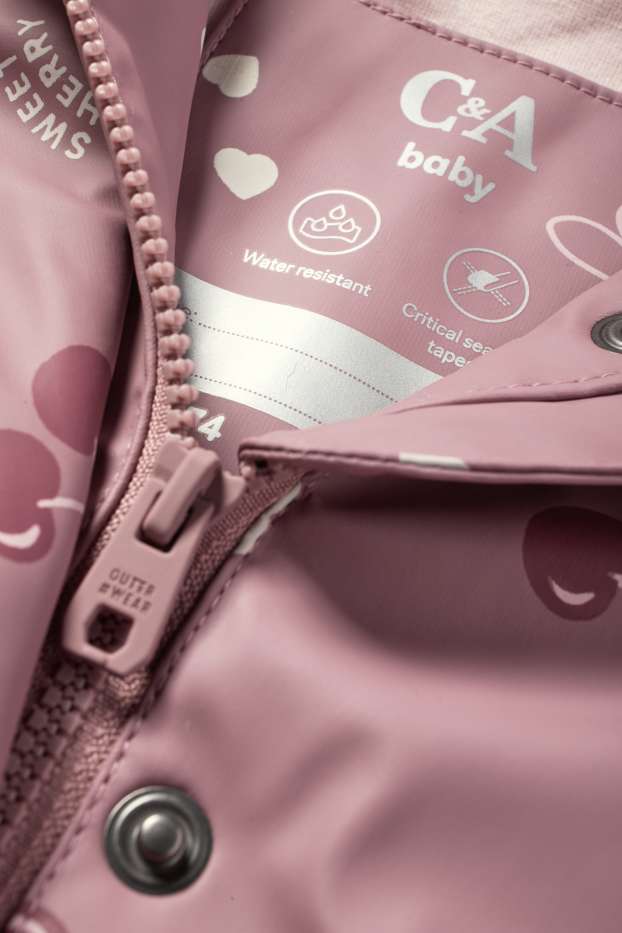 Baby Mädchen - Kirsche - Baby-Regenjacke mit Kapuze - wasserdicht - dunkelrosa