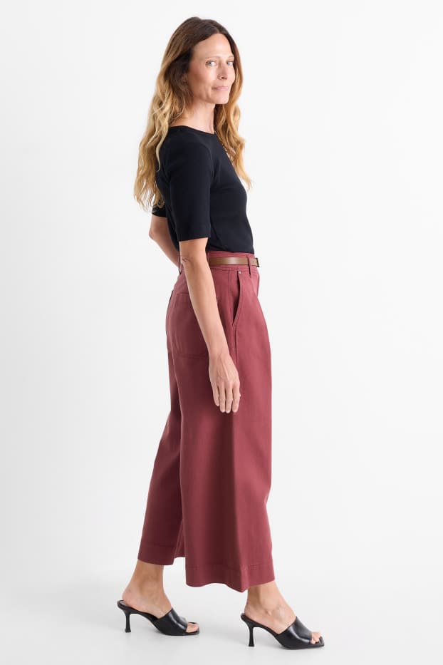 Damen - Stoffhose mit Gürtel - High Waist - Wide Leg - bordeaux