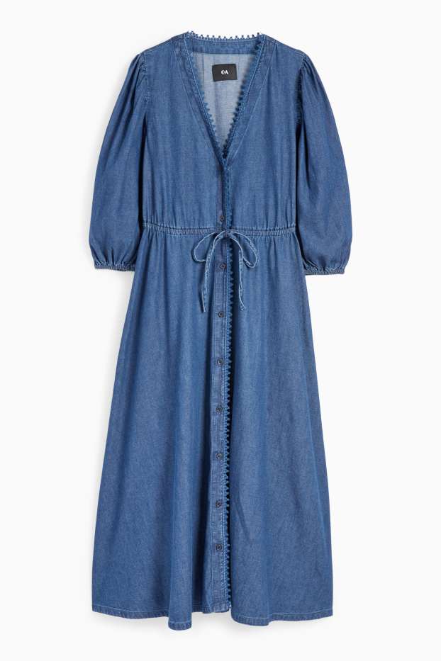 Women - V-neck denim dress - dark blue