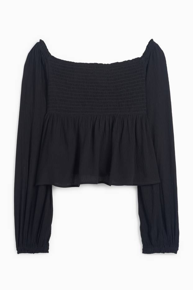 Damen - Crop Bluse - gesmokt - schwarz