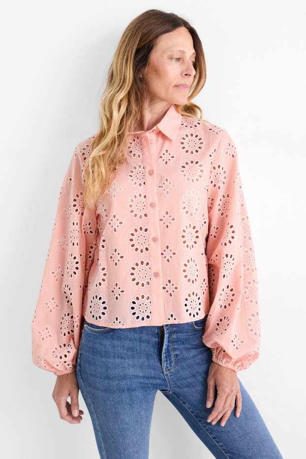 Damen - Bluse - Broderie Anglaise - rosa