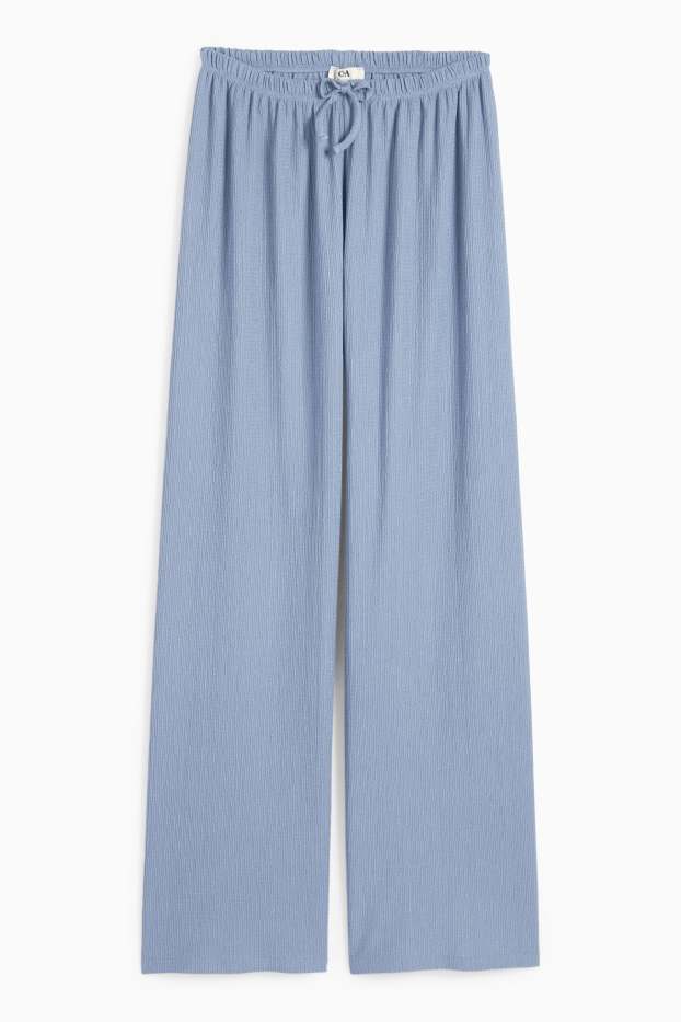 Dámské - Žerzejové kalhoty - mid waist - wide leg - strukturované - modrá
