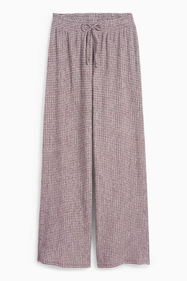 Women - Jersey trousers - mid-rise waist - wide leg - check - white / dark red