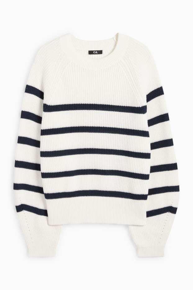 Damen - Pullover - gerippt - gestreift - weiss