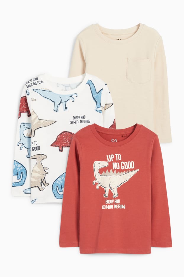 Bambini - Confezione da 3 - motivo dinosauri - maglia a maniche lunghe - arancio scuro