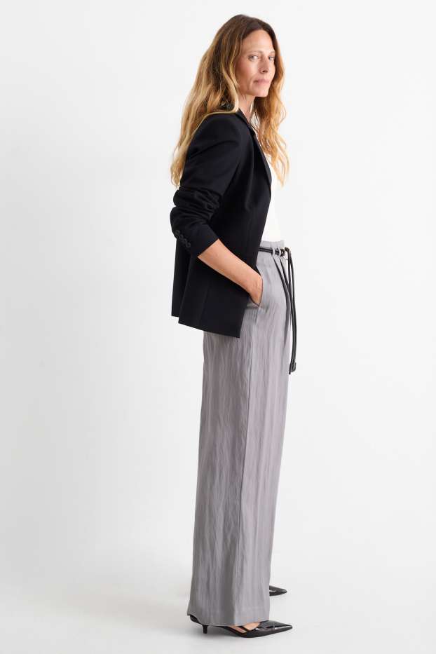 Femei - Pantaloni de stofă cu curea - talie înaltă - wide leg - gri