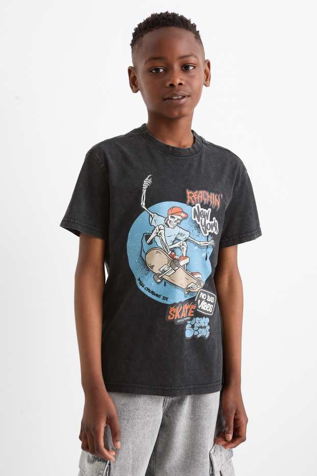 Children Boys - Skateboarder skeleton - short sleeve T-shirt - black