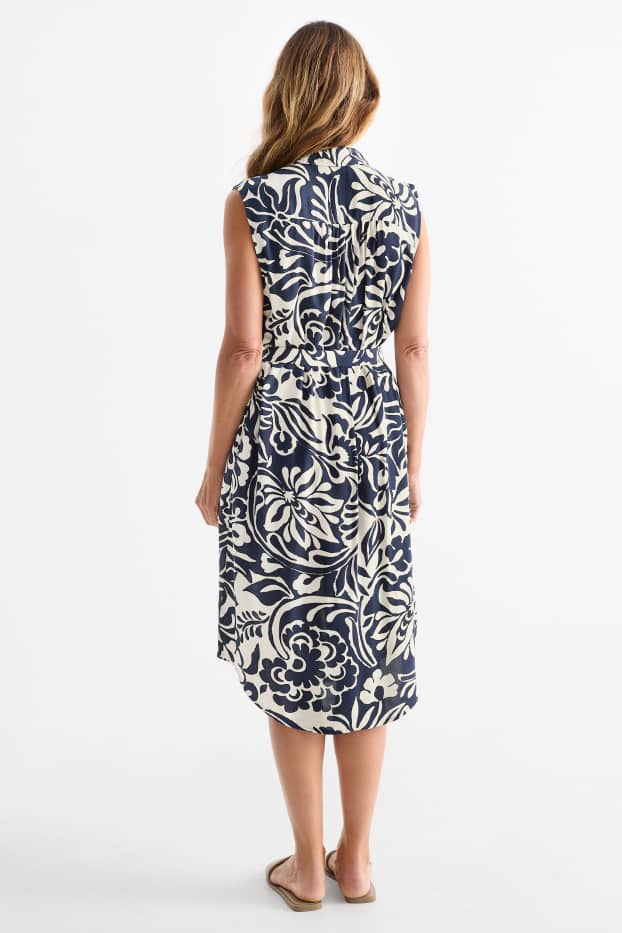 Donna - Vestito a camicia in viscosa - a fiori - blu scuro / bianco crema