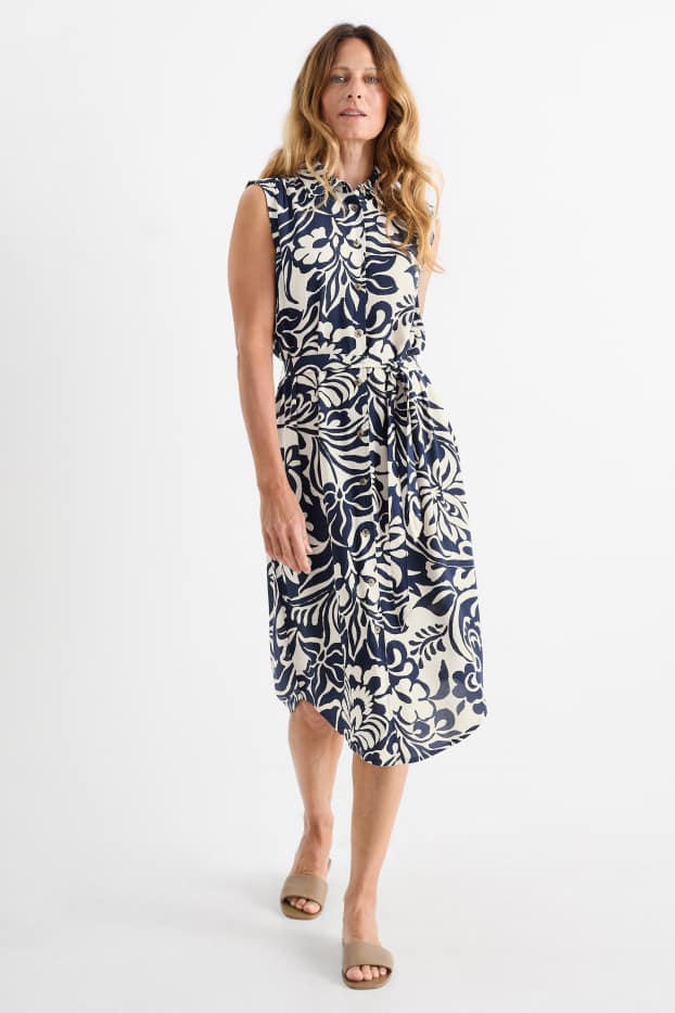 Donna - Vestito a camicia in viscosa - a fiori - blu scuro / bianco crema