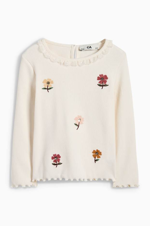 Enfants filles - Fleurs - haut à manches longues - côtelées - beige