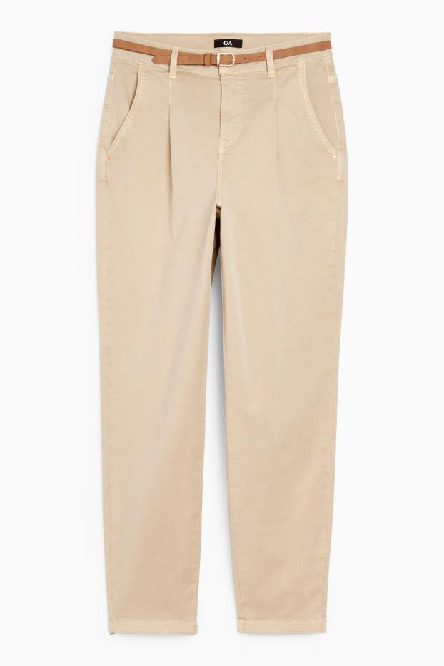 Damen - Stoffhose mit Gürtel - High Waist - Tapered Fit - beige