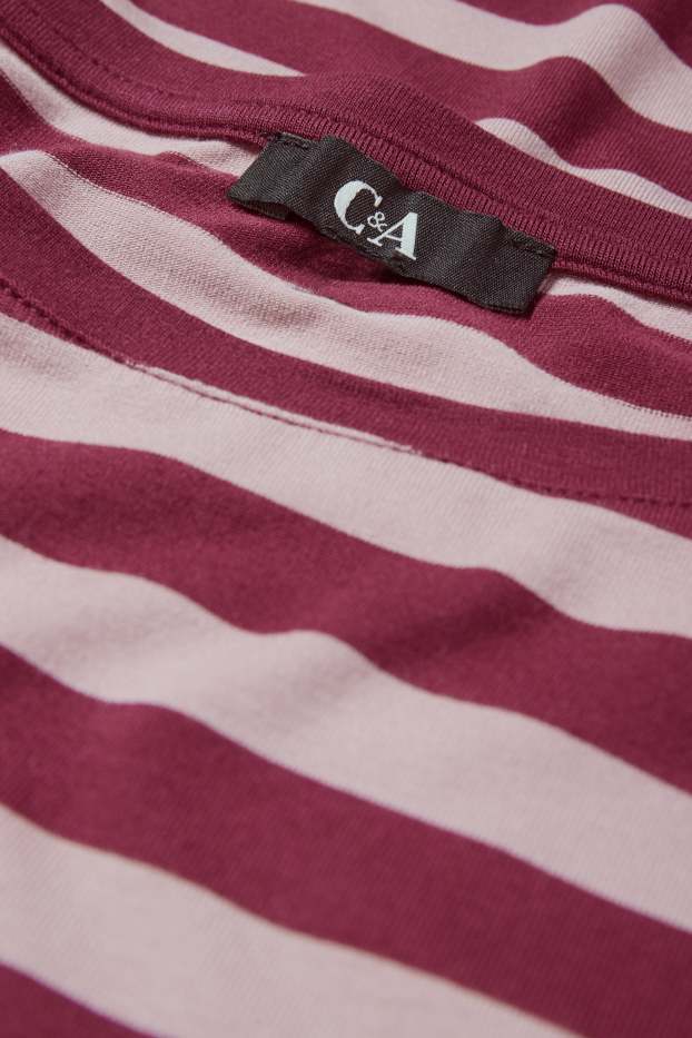 Dames - T-shirt - regular fit - gestreept - roze / donkerrood
