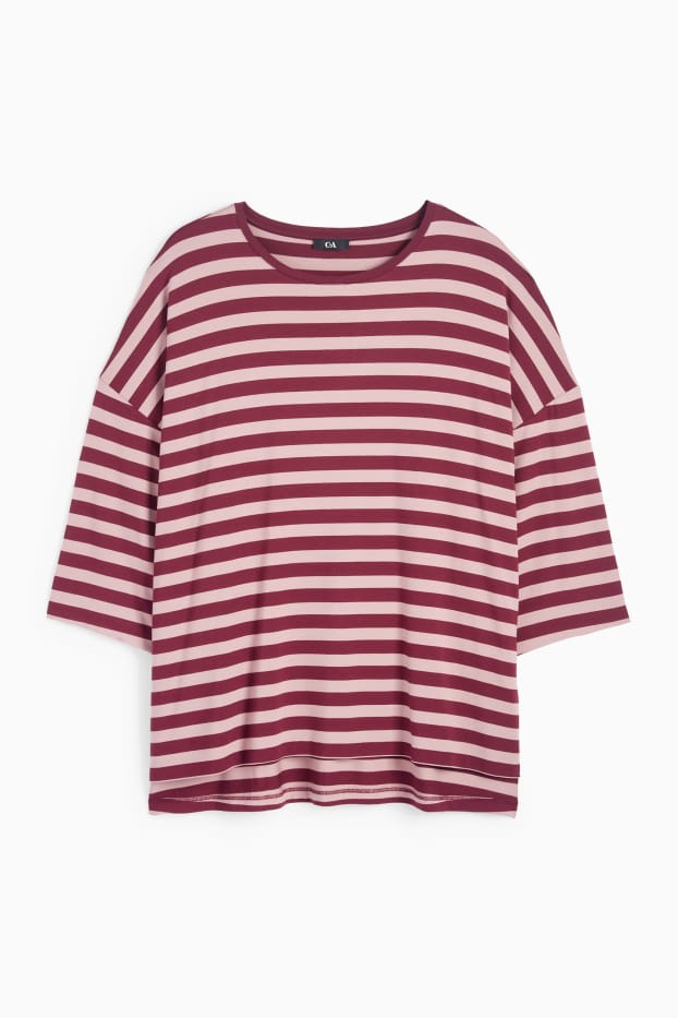 Dames - T-shirt - regular fit - gestreept - roze / donkerrood