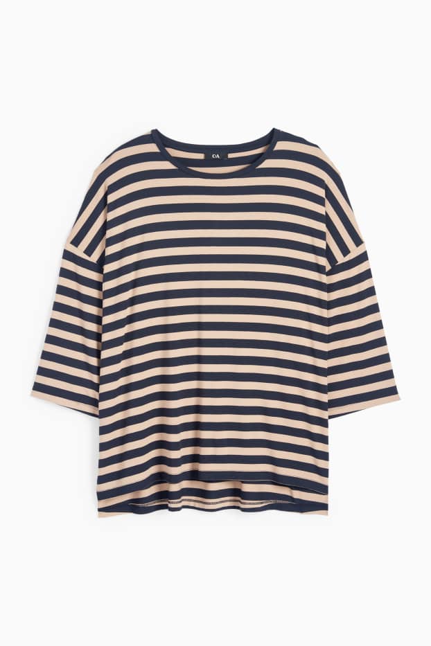 Dames - T-shirt - regular fit - gestreept - blauw / beige
