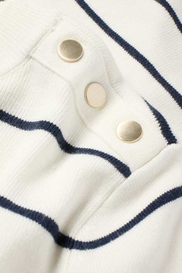 Women - Knitted jumper - short sleeve - striped - dark blue / creme white
