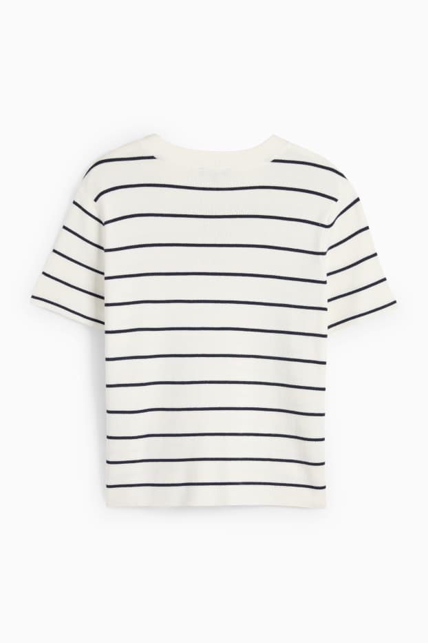 Women - Knitted jumper - short sleeve - striped - dark blue / creme white