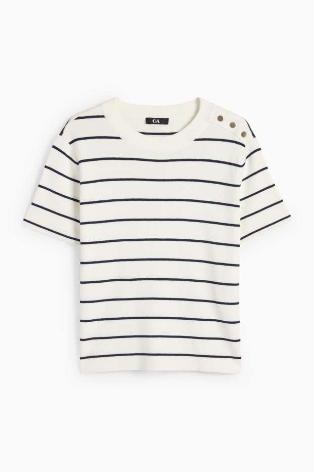 Women - Knitted jumper - short sleeve - striped - dark blue / creme white
