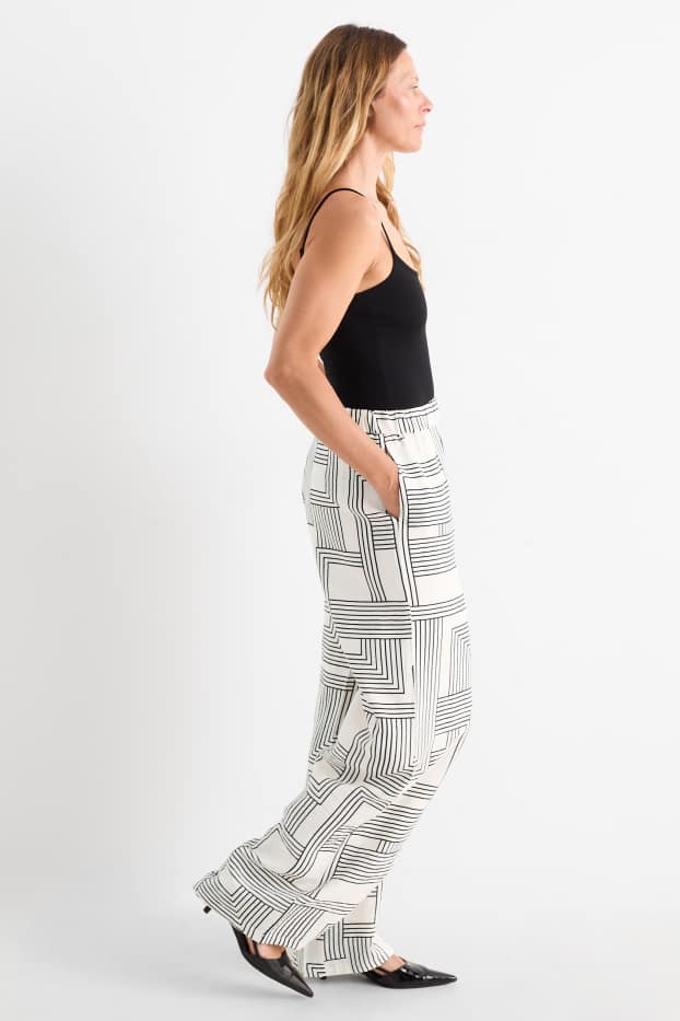 Femei - Pantaloni de stofă - talie înaltă - wide leg - cu model - alb / negru