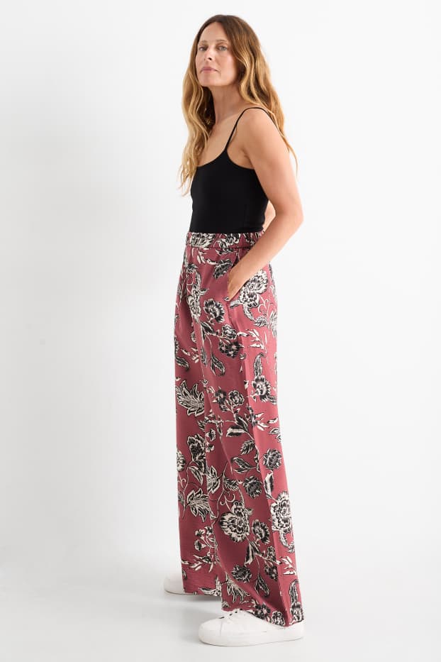 Damen - Stoffhose - High Waist - Wide Leg - geblümt - bordeaux