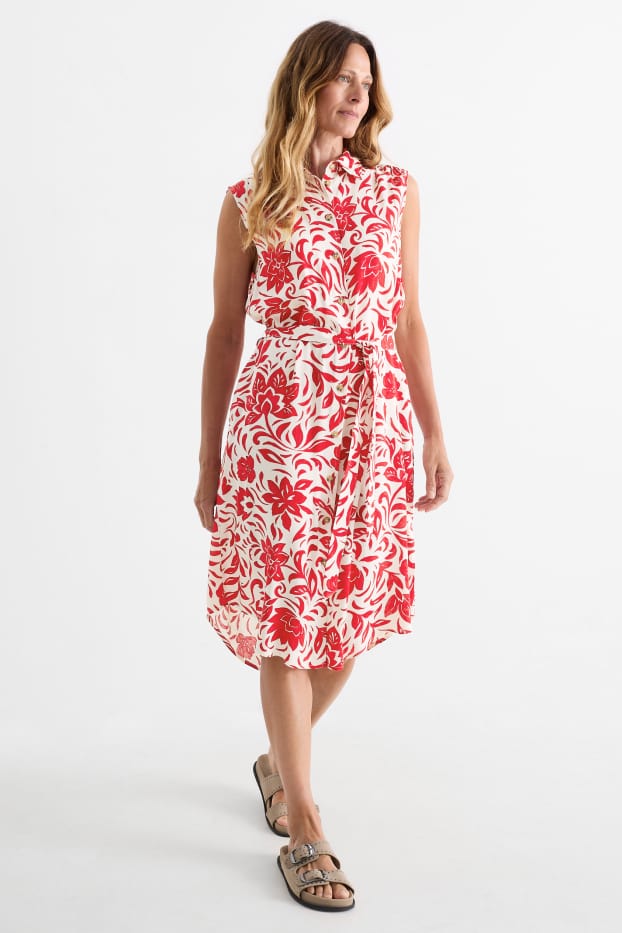 Femei - Rochie tip bluză din viscoză - cu flori - alb / roșu