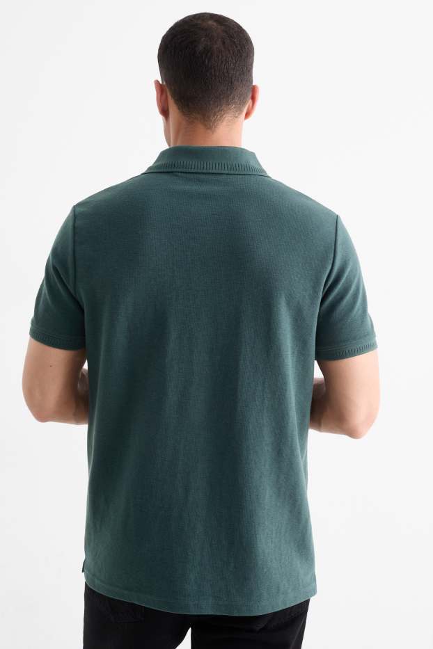 Men - Knitted polo shirt - regular fit - textured - dark green