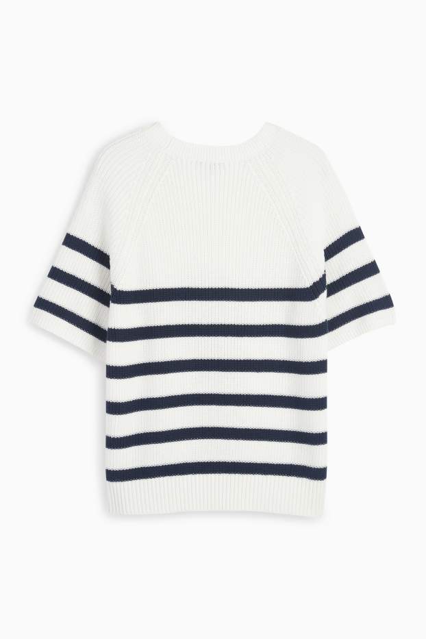 Women - Knitted jumper - short sleeve - ribbed - striped - white / blue