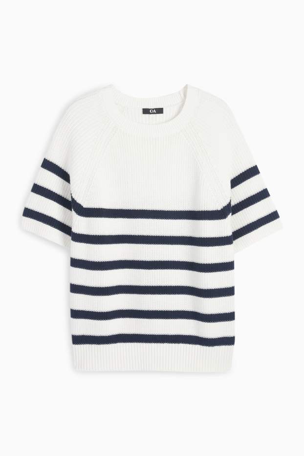 Women - Knitted jumper - short sleeve - ribbed - striped - white / blue