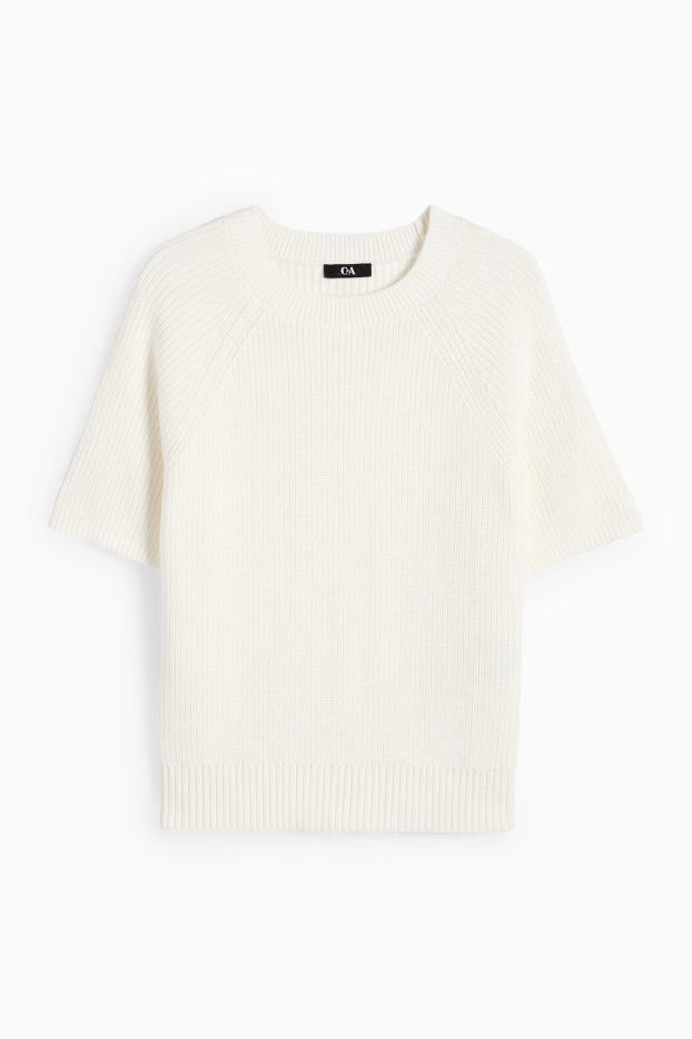 Damen - Strickpullover - kurzarm - gerippt - weiß