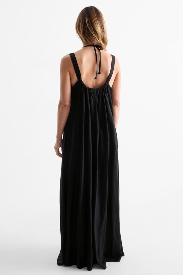 Femmes - Robe à col en V - lin mélangé - noir
