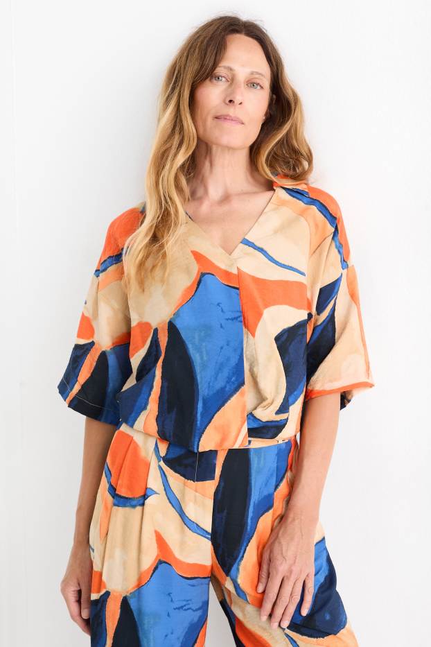 Mujer - Blusa con escote en pico - estampada - naranja