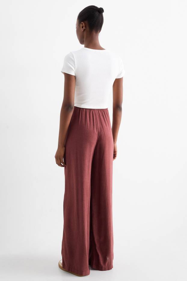 Dámské - Plátěné kalhoty s lněným podílem - mid waist - wide leg - bordeaux