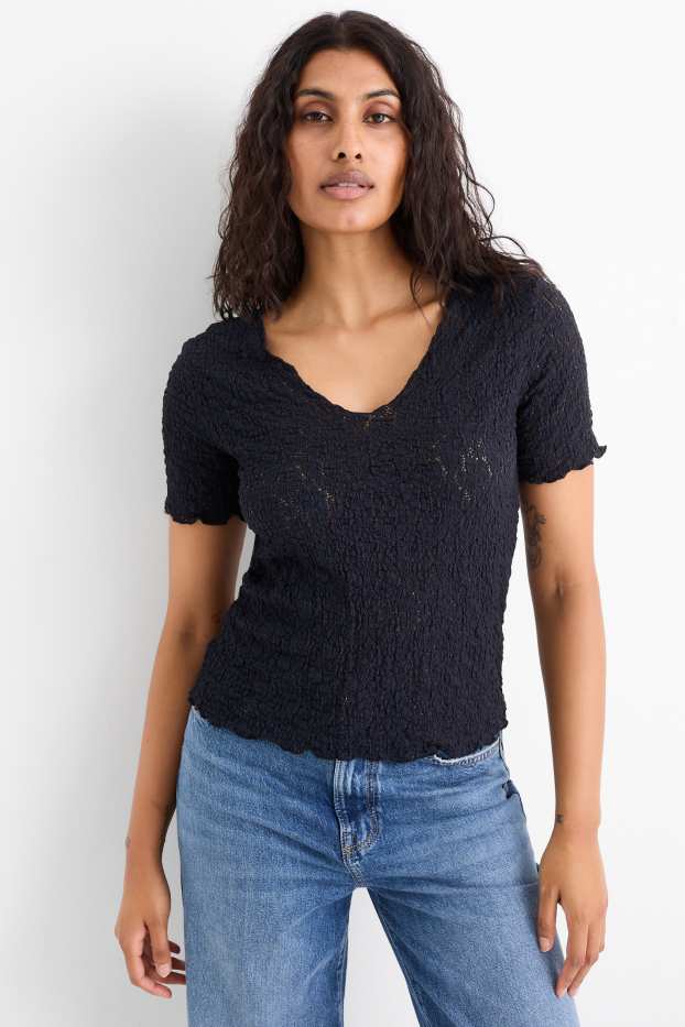 Femmes - T-shirt - regular fit - finition texturée - bleu foncé